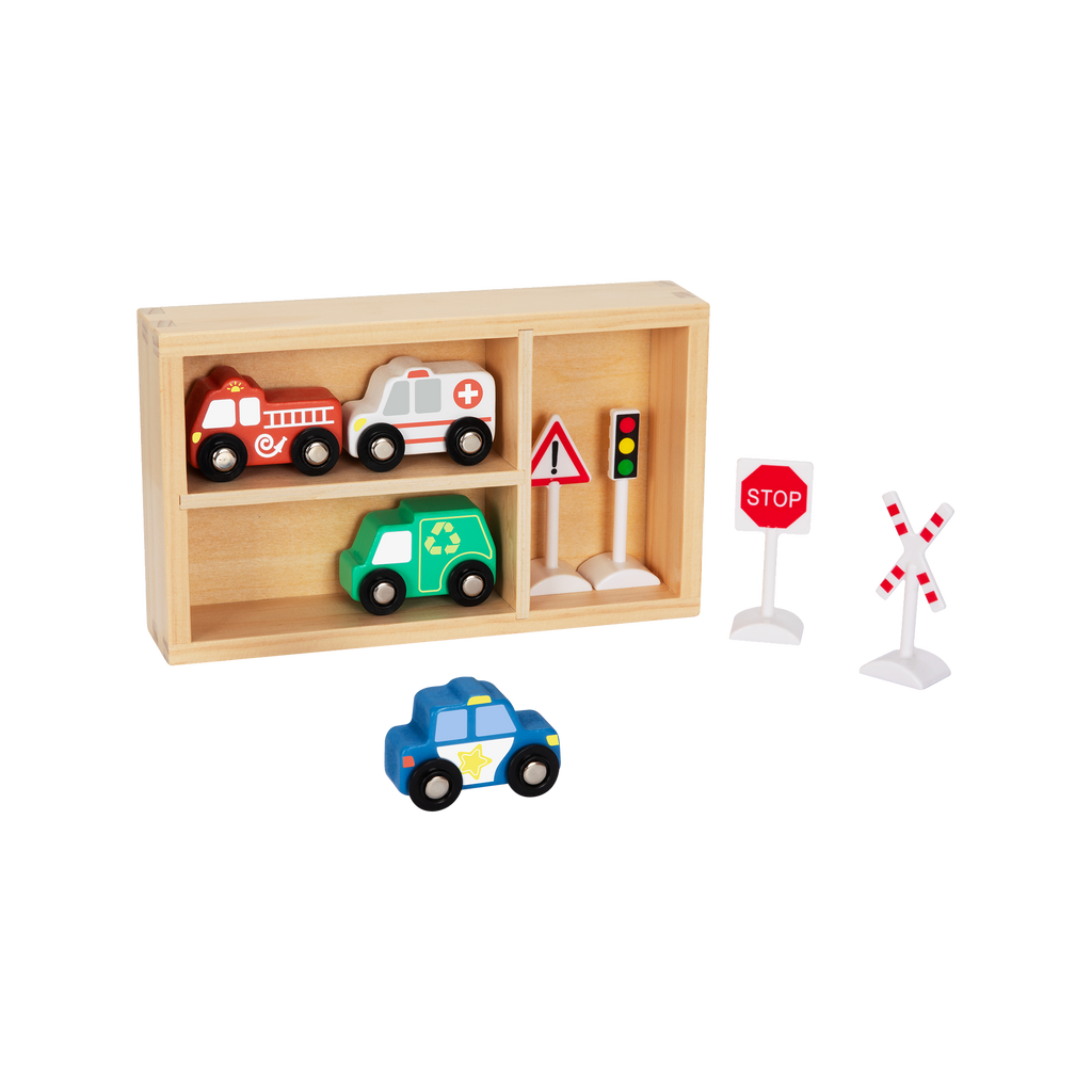 სატრანსპორტო და საგზაო ნიშნების ნაკრები – ხის საგანმანათლებლო სათამაშო