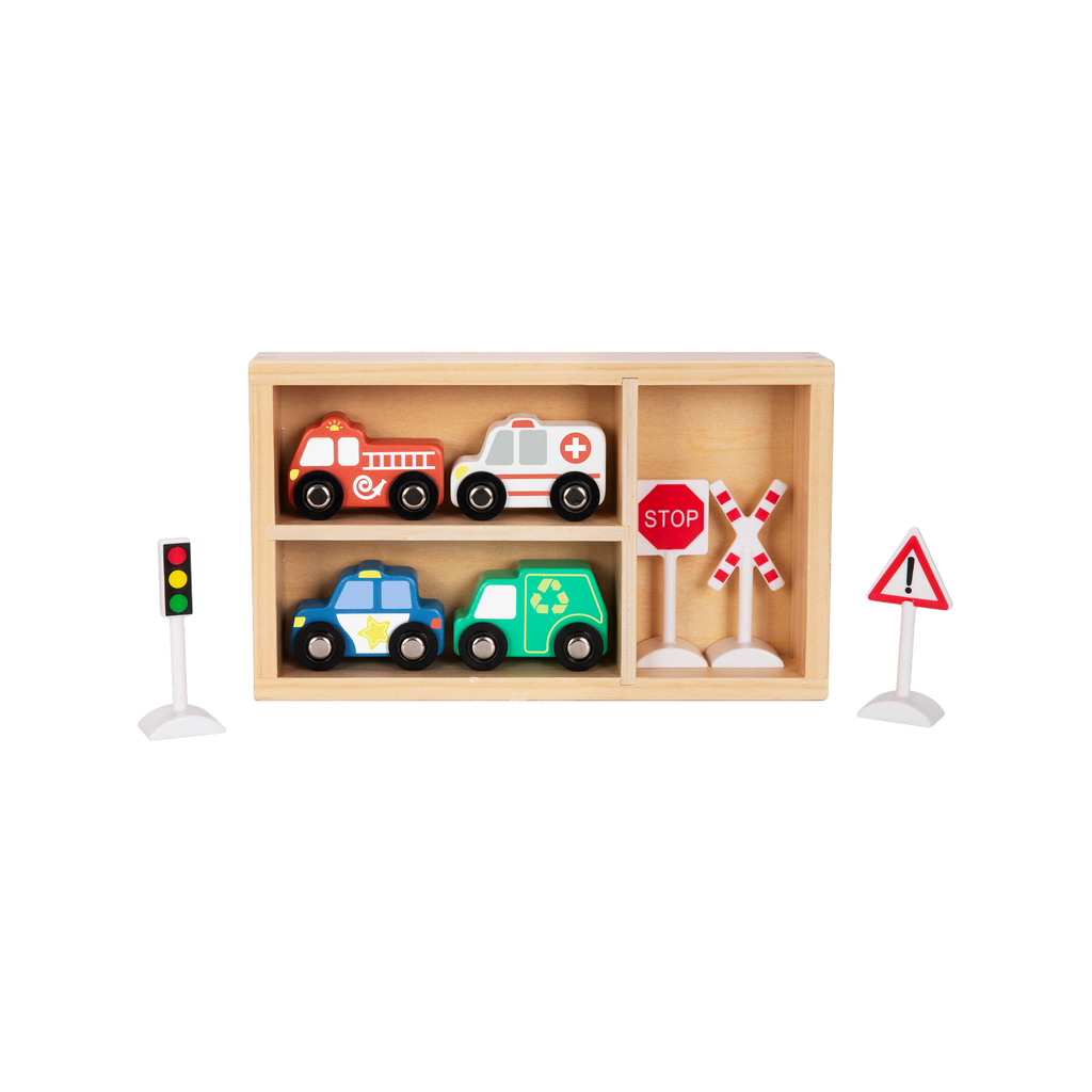 სატრანსპორტო და საგზაო ნიშნების ნაკრები – ხის საგანმანათლებლო სათამაშო