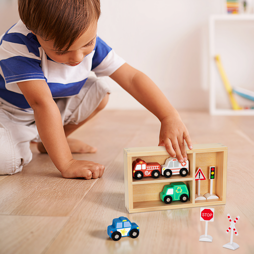 სატრანსპორტო და საგზაო ნიშნების ნაკრები – ხის საგანმანათლებლო სათამაშო