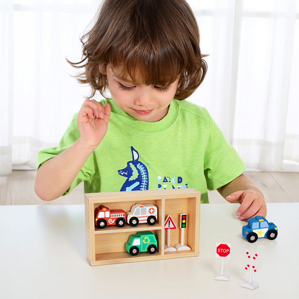 სატრანსპორტო და საგზაო ნიშნების ნაკრები – ხის საგანმანათლებლო სათამაშო