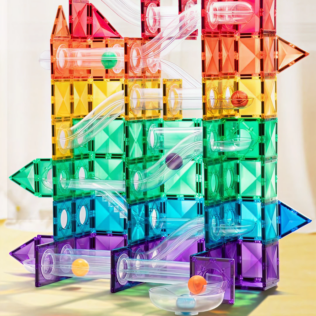 Colorful Magnetic Tiles – Marble Run 100PCS — „მაგნიტური კონსტრუქტორი ბურთის ტრასით“