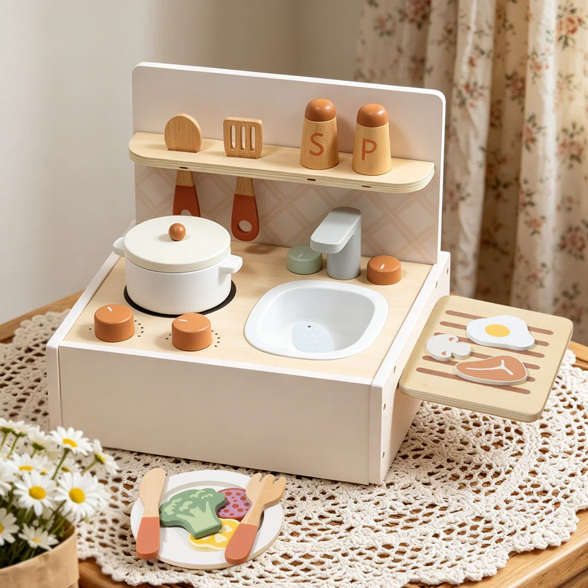 Portable Wooden Play Kitchen with Accessories