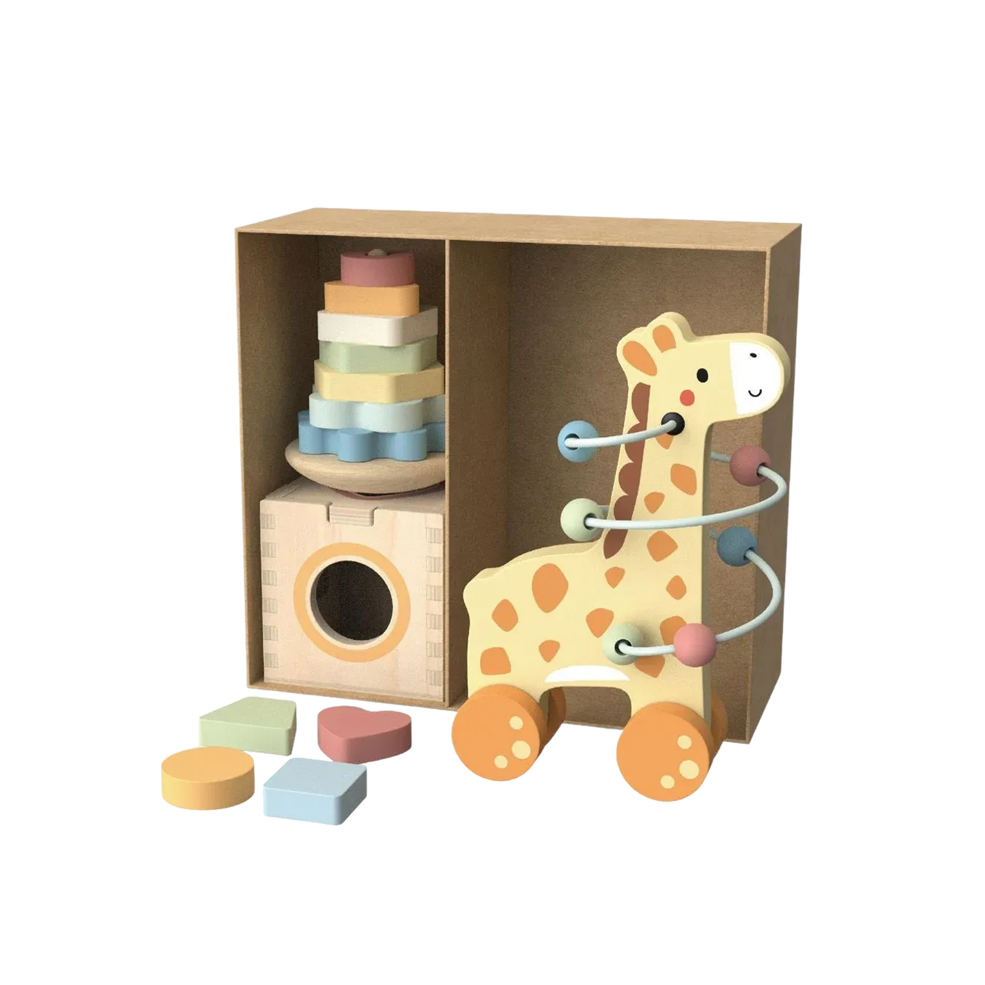 3-ინ-1 ჟირაფის ყუთი – ხის საგანმანათლებლო ნაკრები