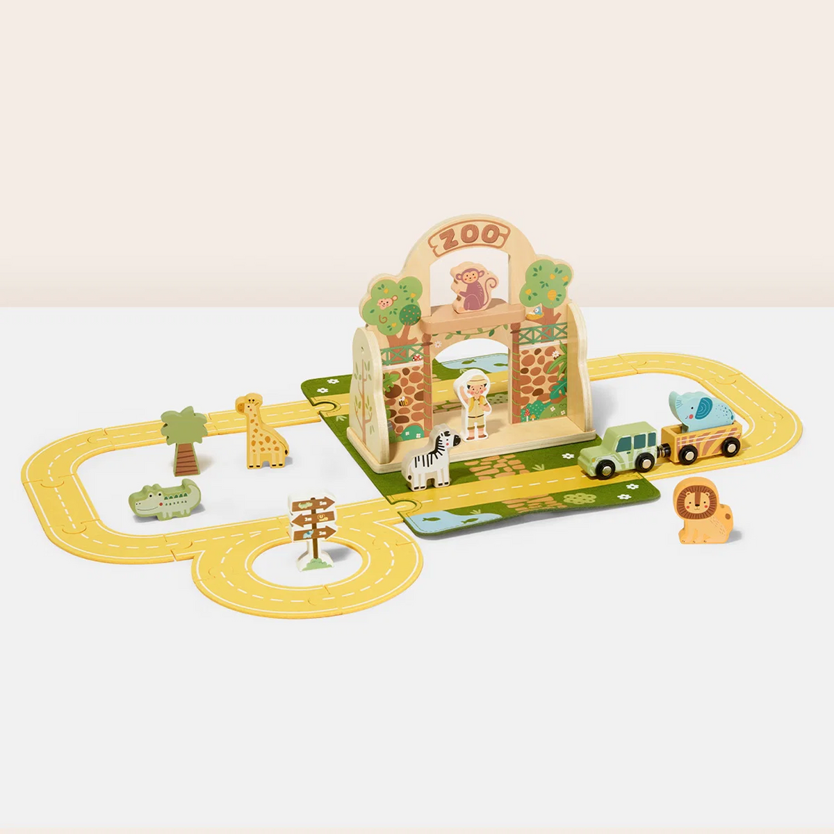 Portable Zoo Playset with Wooden Animals