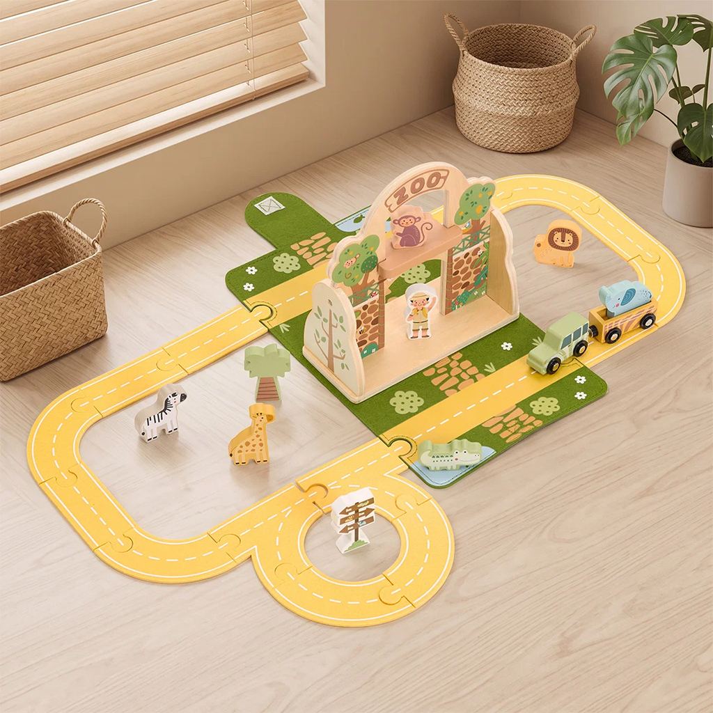 Portable Zoo Playset with Wooden Animals