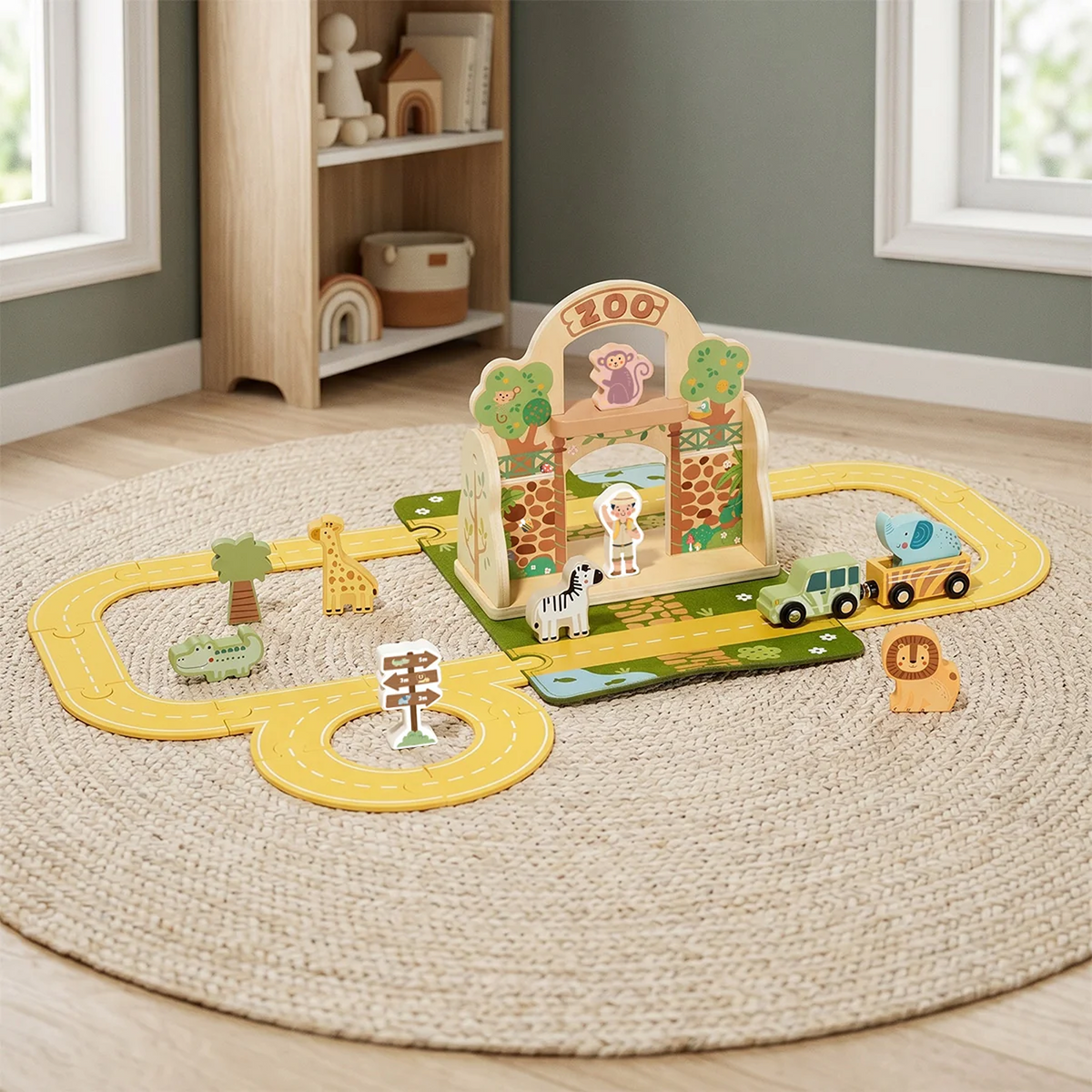 Portable Zoo Playset with Wooden Animals