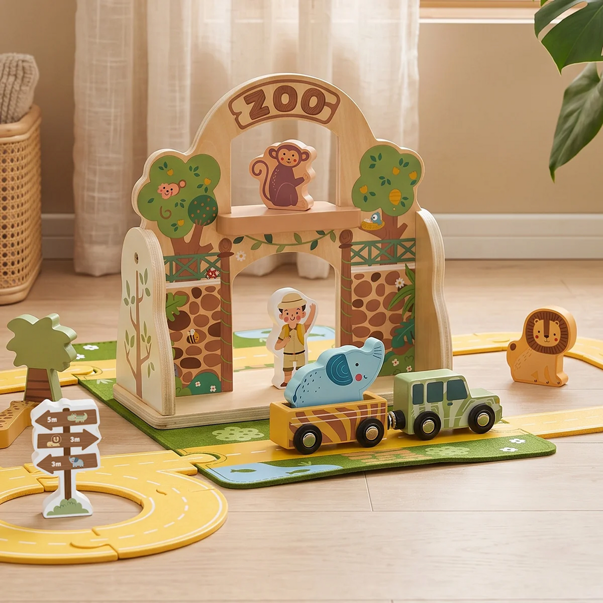 Portable Zoo Playset with Wooden Animals