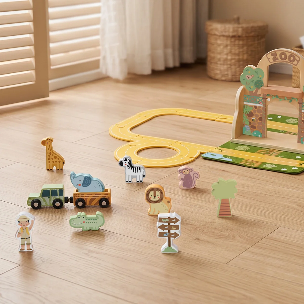 Portable Zoo Playset with Wooden Animals