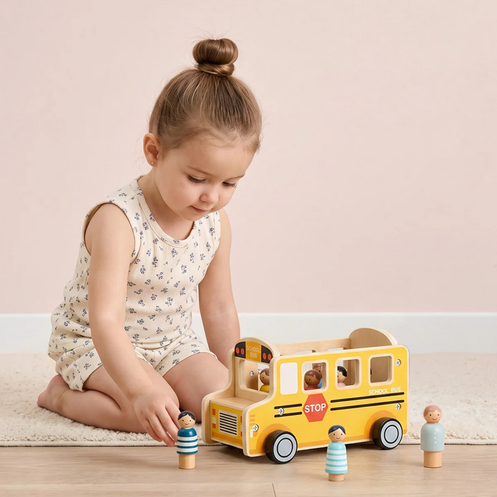 Wooden School Bus with Passenger Figures