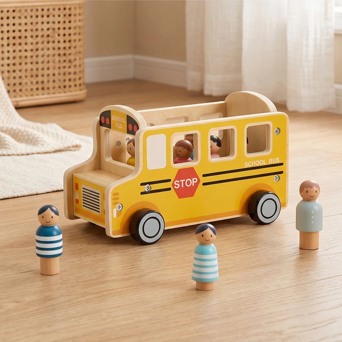 Wooden School Bus with Passenger Figures