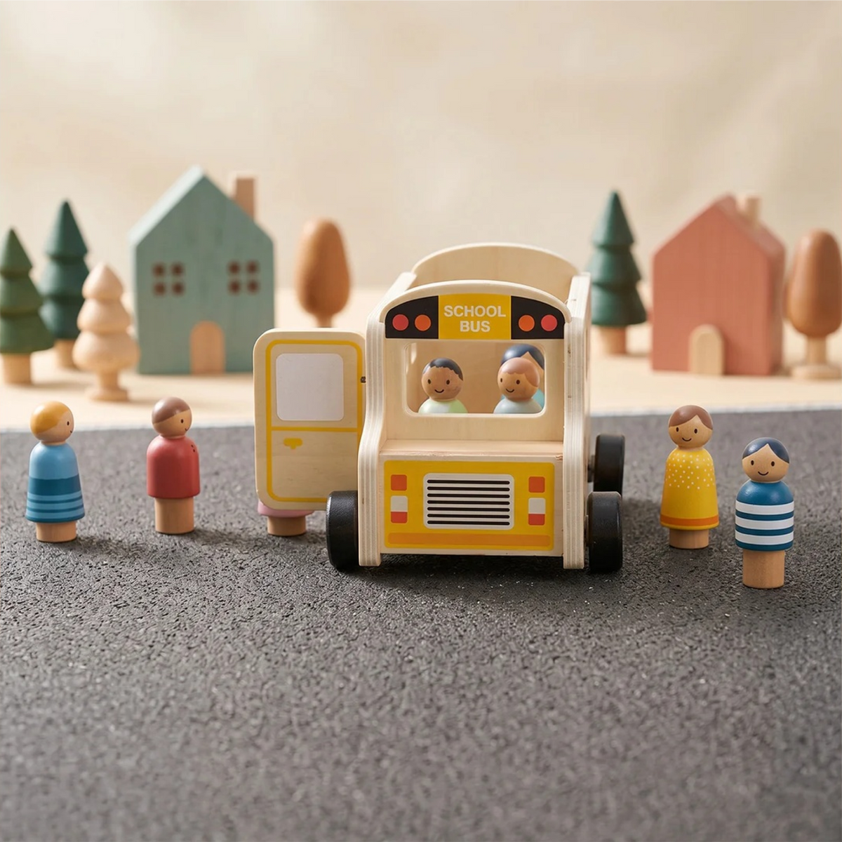 Wooden School Bus with Passenger Figures